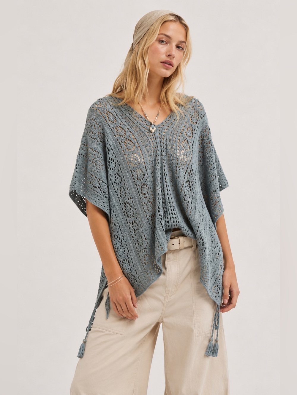 Indigo Soul Crochet Knit Boho Poncho Cover Up OS